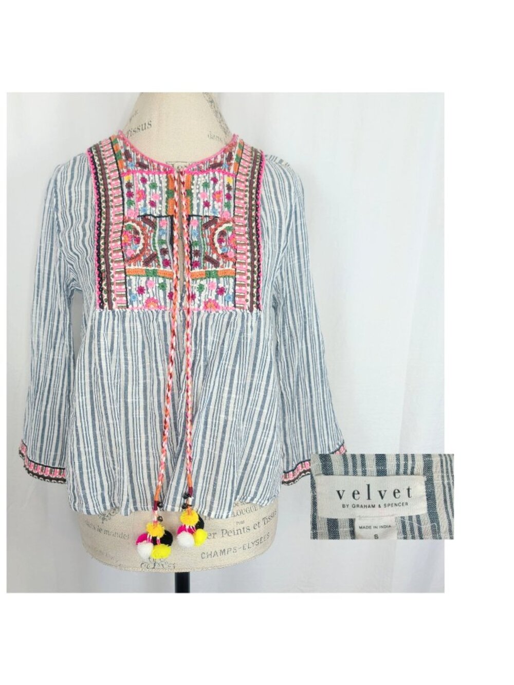 Velvet Graham Spencer Top Small Embroidery Striped Blouse